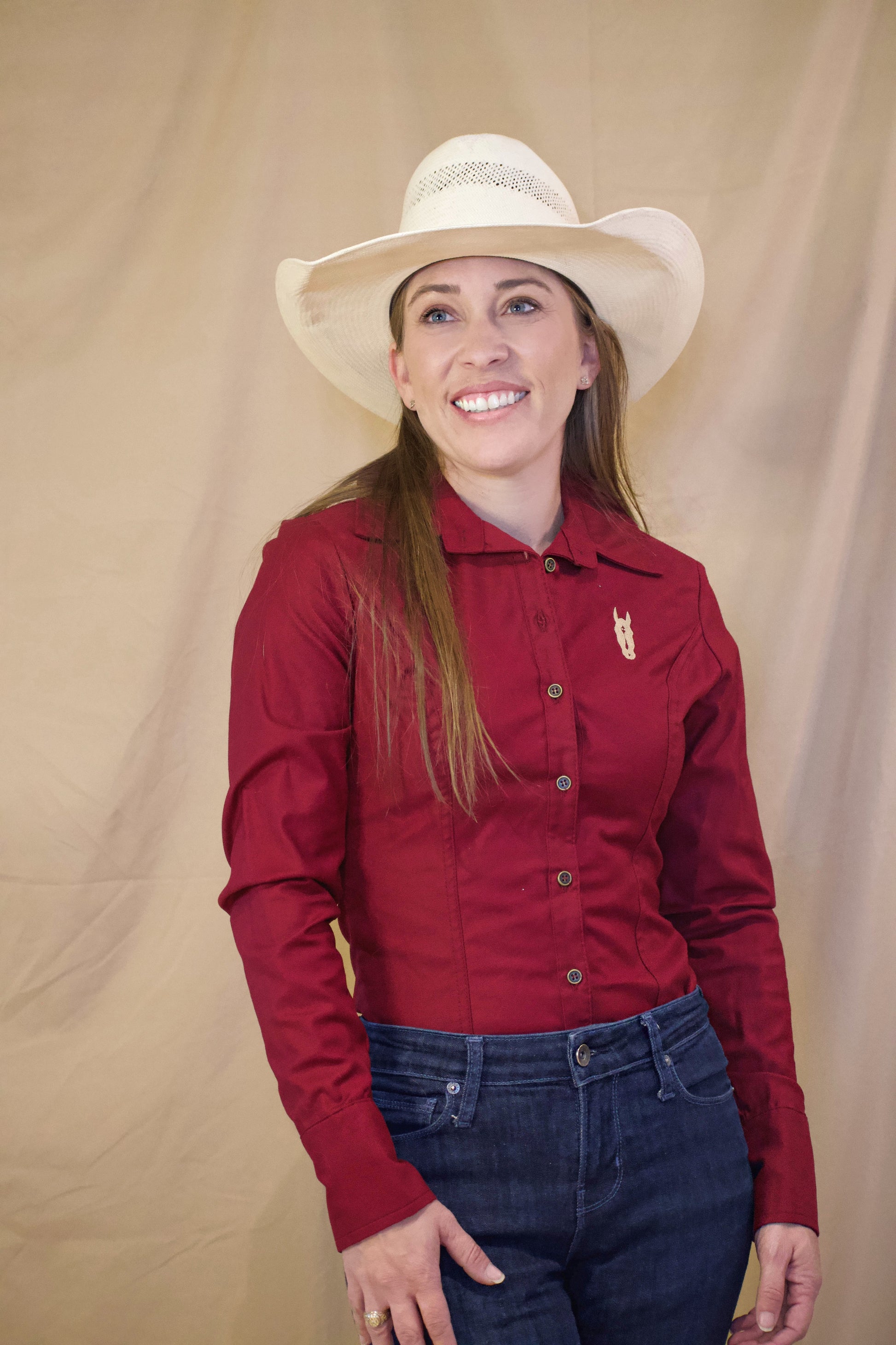 Carmine Red Women's Button Up Shirt