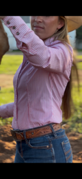 Light purple button-up shirt with blue pinstripes, long sleeves, and a collared neckline.