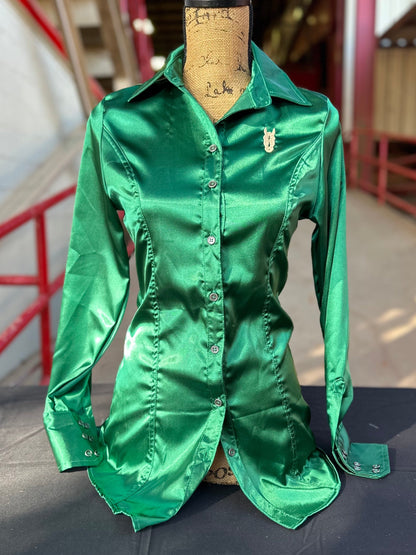 Pine Green Satin Button Up Shirt