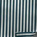 A close-up of striped fabric with dark green and white vertical stripes, shown with a white ruler on the right side for scale.