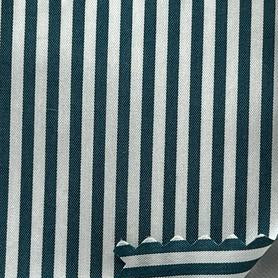 A close-up of striped fabric with dark green and white vertical stripes, shown with a white ruler on the right side for scale.
